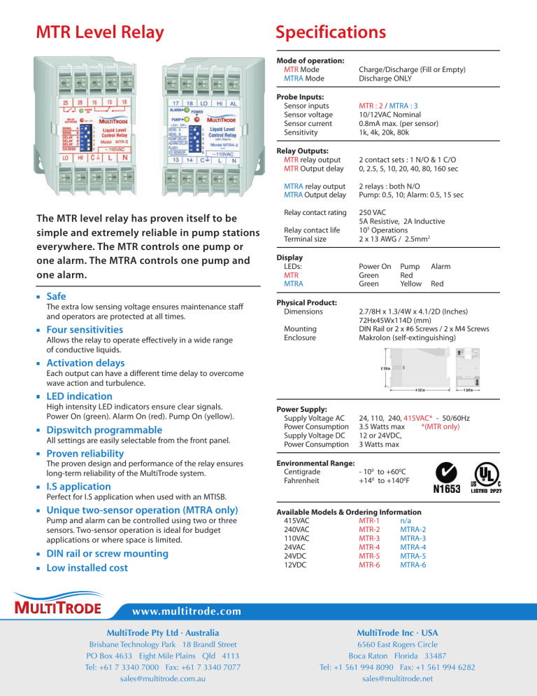 MTR/MTRA Level Control Relay Datasheet | Manualzz