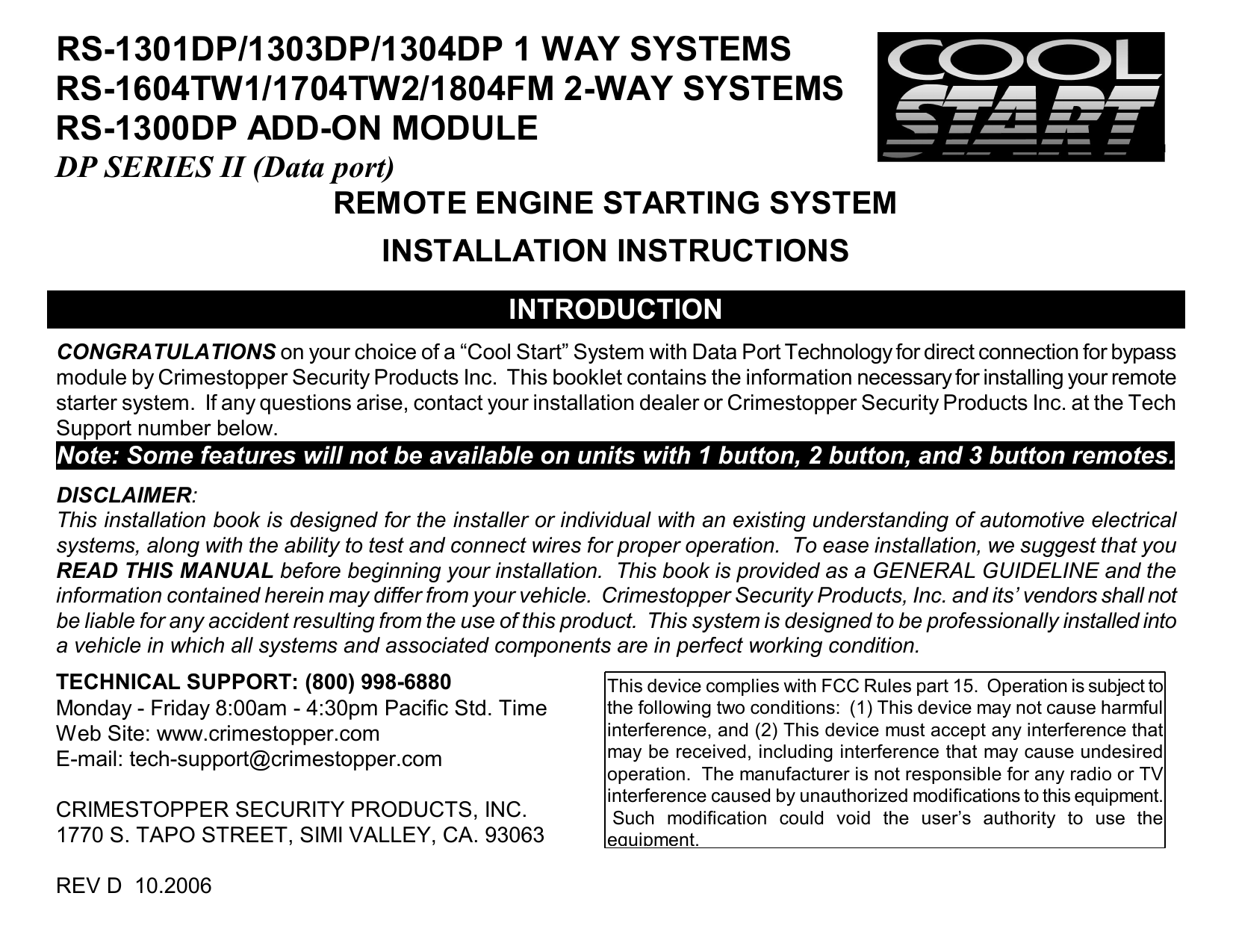 Cool Start Remote Engine Starting System RS-1304DP-II Crime