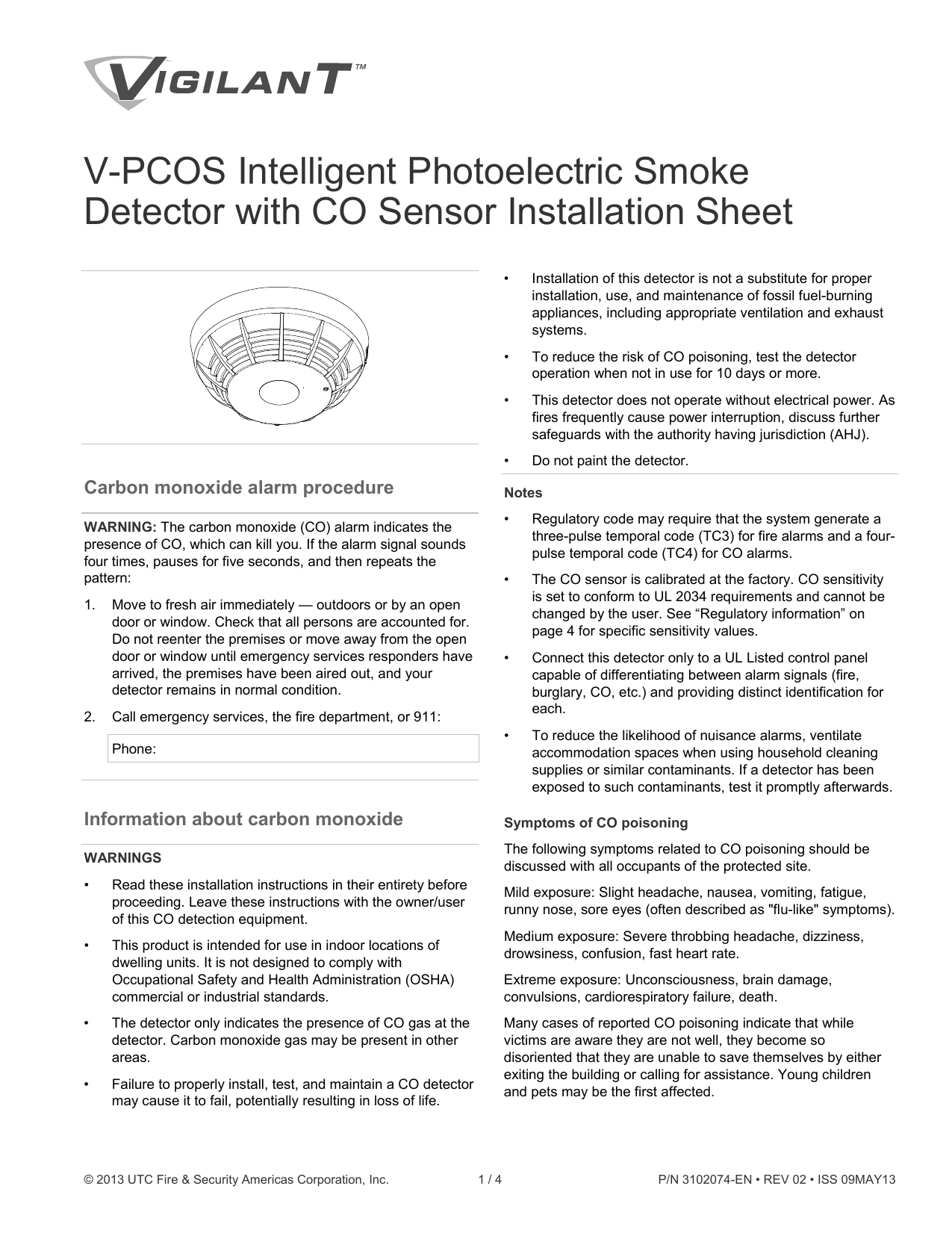 EST EDWARDS VIGILANT V-PCOS INTELLIGENT CARBON MONOXIDE DETECTOR FIRE ALARM 
