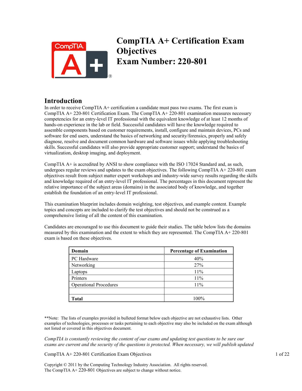 Comptia A+ 220-801 Hardware Exam Objectives | Manualzz