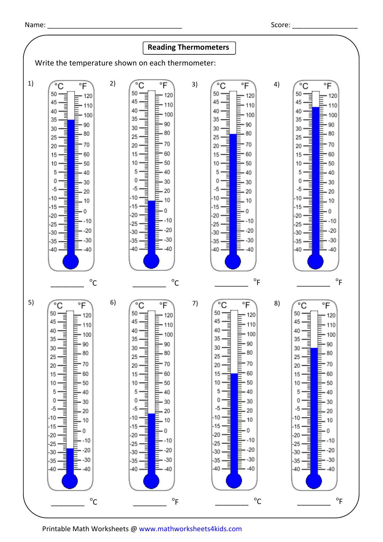 Reading Thermometers ______ C Write the temperature shown on Within Reading A Thermometer Worksheet