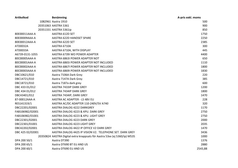 Comsystem officella prislista 2016-09-27.xlsx | Manualzz