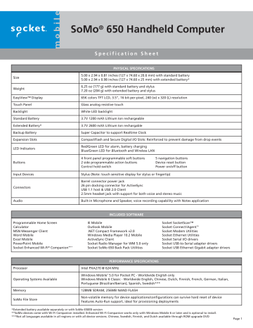 Socket Somo 650 Handheld Computer Spec Sheet | Manualzz