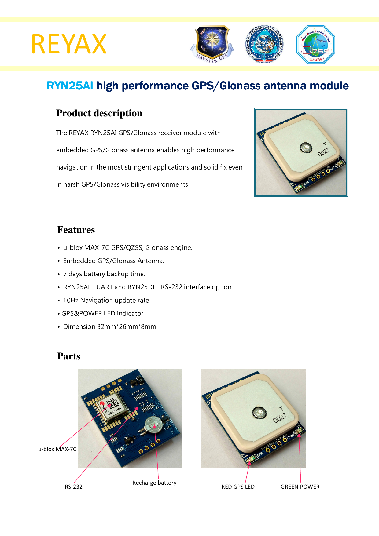 RYN25AI 10Hz UART interface high performance GPS/Glonass antenna module battery