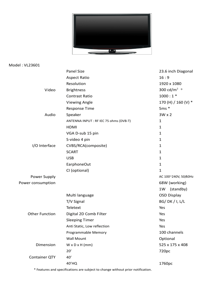 Model Vl Panel Size 23 6 Inch Diagonal Aspect Ratio 16 9 Manualzz