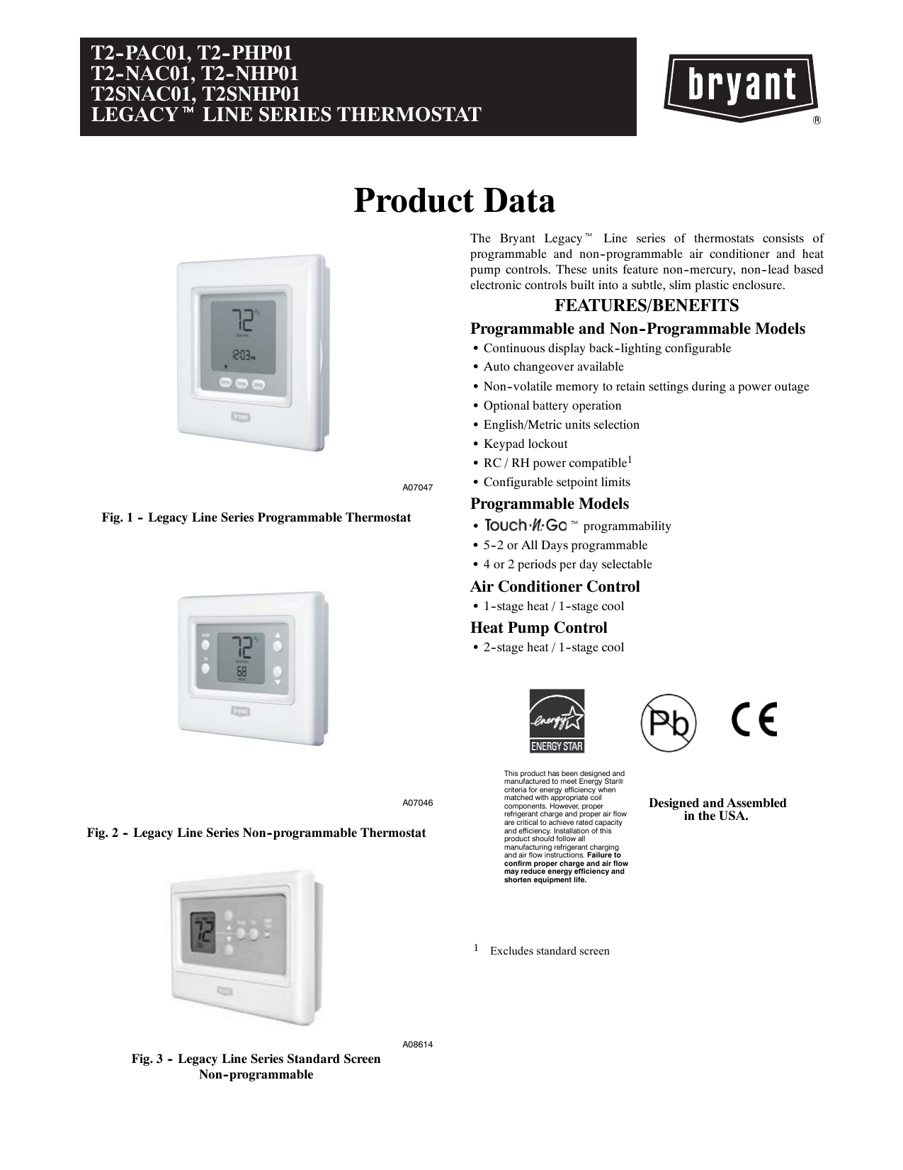 Bryant T2PHP01A Legacy Line Digital Programmable Thermostat Made in