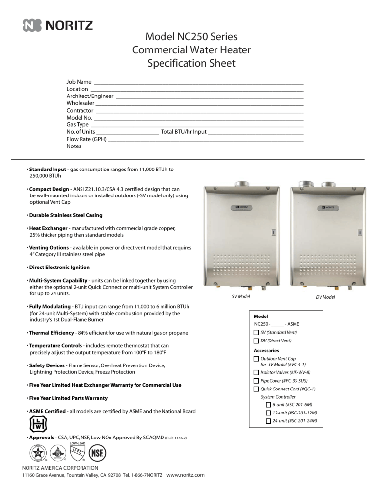 Model NC250 Series Commercial Water Heater Specification Sheet Manualzz