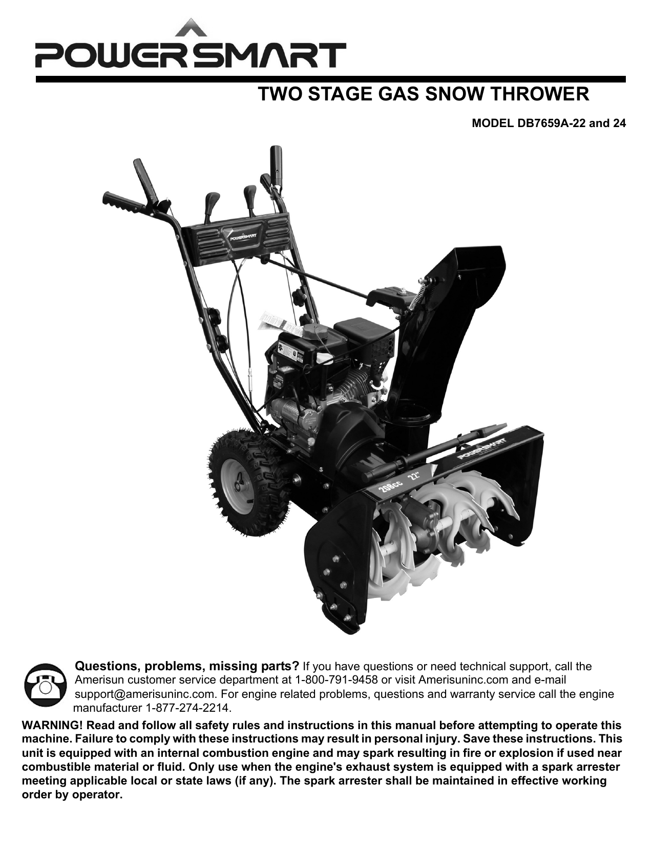 Powersmart DB7622H 22 in. 2-Stage Manual Start GAS Snow Blower