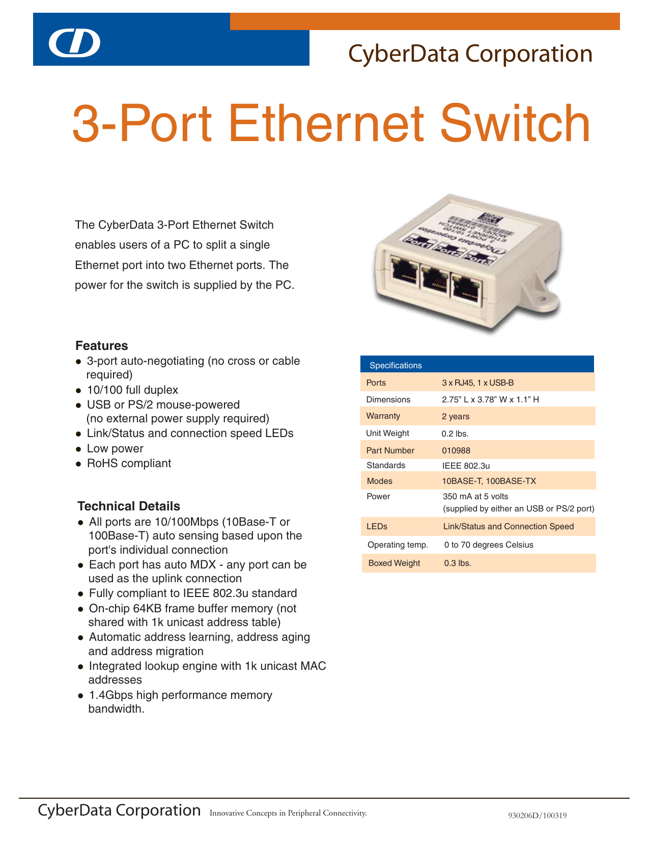 CyberData 2-Port PoE Gigabit Switch - switch - 2 ports - 011187