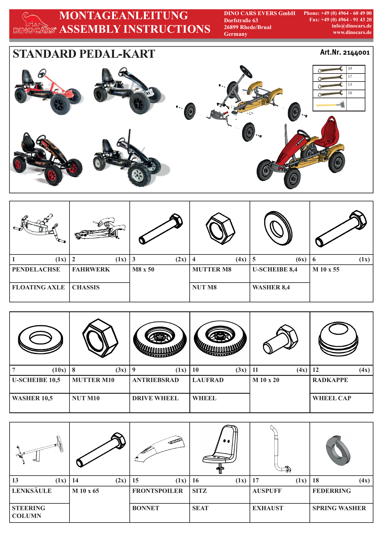 DINO CARS Standard Pedal-Kart Assembly Instructions