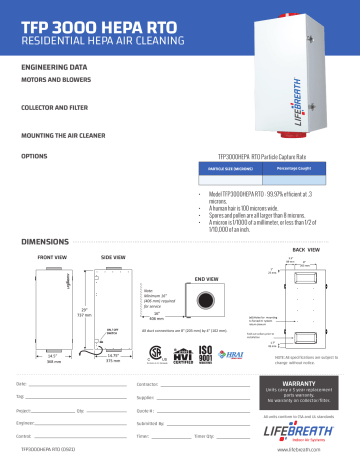 Lifebreath TFP3000HEPA RTO Specification Sheet | Manualzz