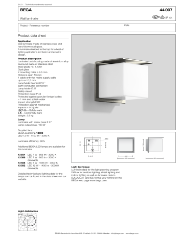 Bega 44 007 K3 Wall luminaire Data Sheet | Manualzz