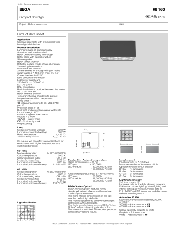 Bega 66 160 W K4 Ceiling mounted luminaire Data Sheet | Manualzz