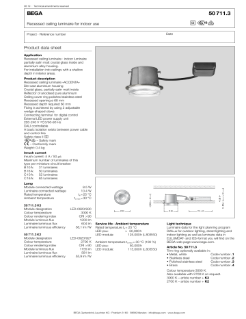 Bega 50 711.3 K3 LED recessed ceiling luminaire Data Sheet | Manualzz