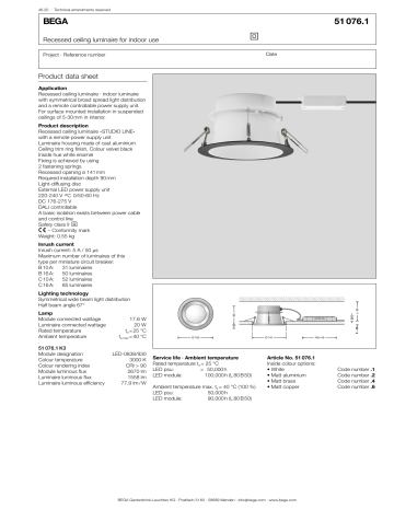 Bega 51 076.1 K3 Recessed ceiling luminaire Data Sheet | Manualzz