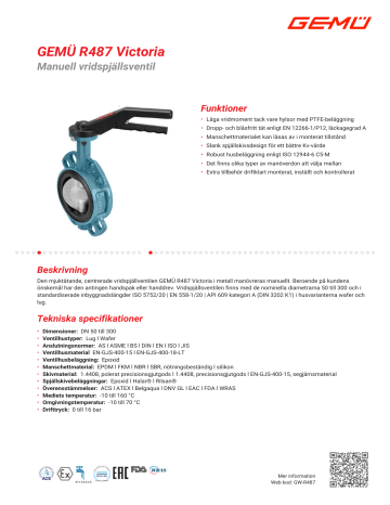 Gemu R487 Victoria Manually operated butterfly valve Datablad | Manualzz