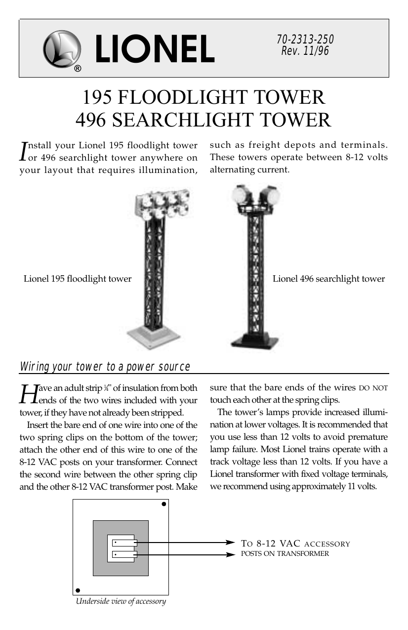 Details about   LIONEL 2313 FLOODLIGHT TOWER 12716 SEARCHLIGHT TOWER INSTRUCTIONS ORIGINAL 