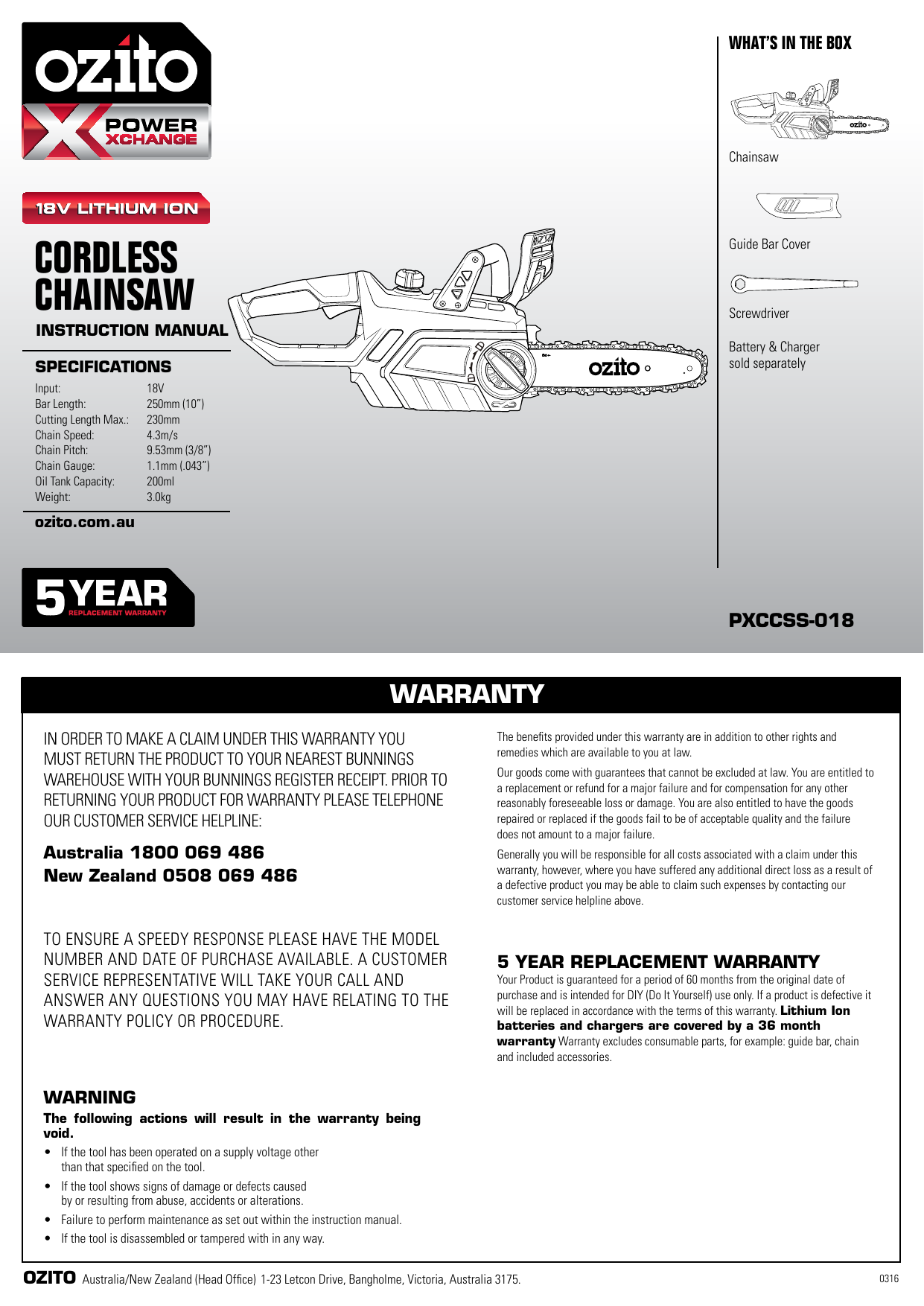 Ozito PXCCSS 018 PXC 18V Chainsaw Product Manual Manualzz