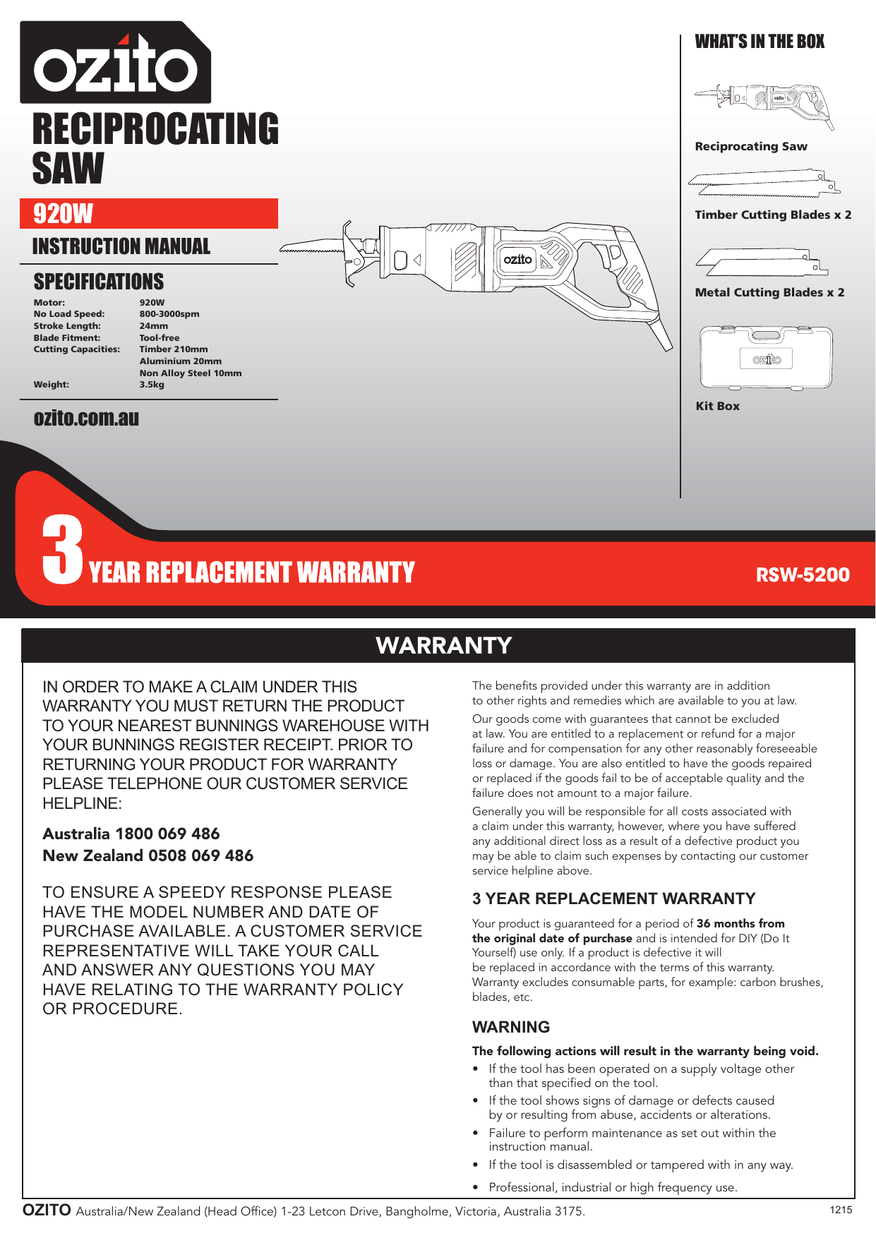 Ozito RSW 5200 920W Reciprocating Saw Product Manual Manualzz