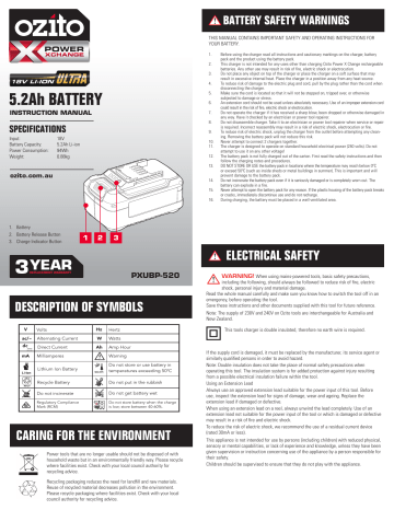 Ozito PXUBP 520 PXC 18V 5.2Ah Ultra Battery Product Manual Manualzz