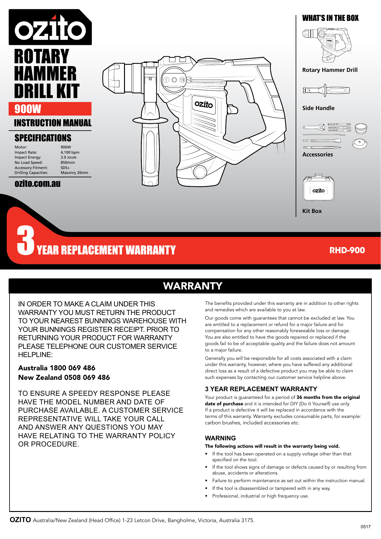 Ozito RHD 900 900W SDS 3J Rotary Hammer Drill Kit Product Manual