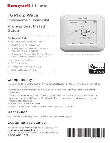 Honeywell T6 Pro Z-Wave Professional Install Manual | Manualzz