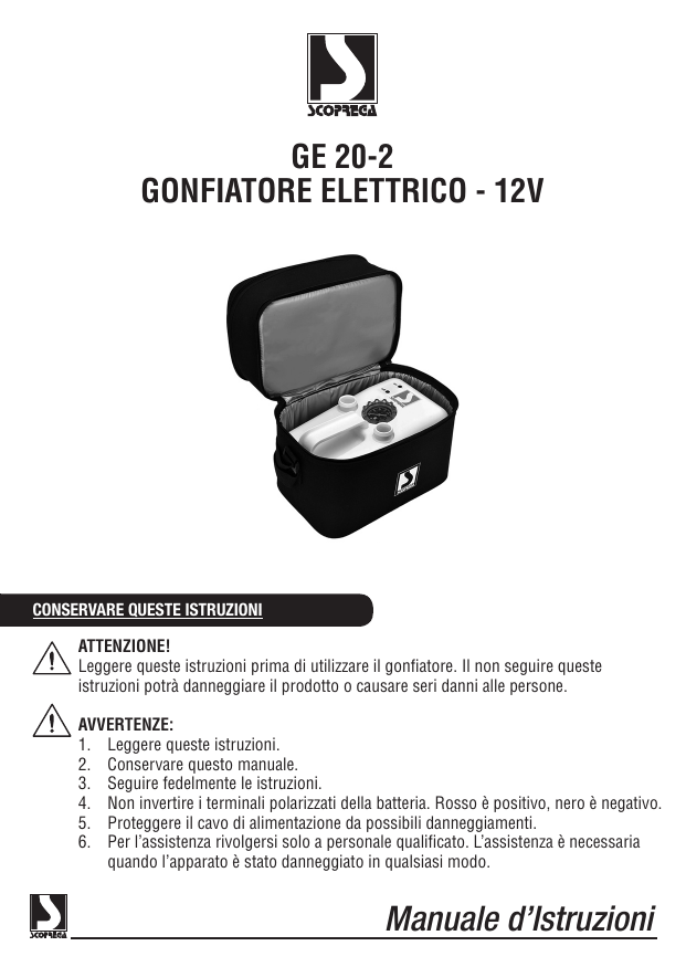 Gonfiatore Elettrico Scoprega GE 20-2 Ricaricabile 12V o 220V in