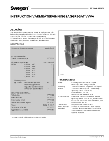 Swegon VVVA Bruksanvisningar | Manualzz