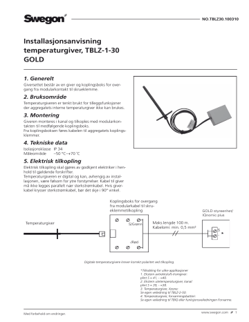 Swegon TBLZ-1-30 Temperature sensor Betjeningsvejledning | Manualzz
