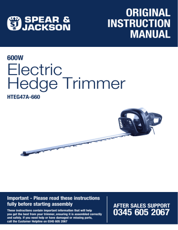 Spear & Jackson S&J S6066EH 600W 66CM HEDGE TRIMMER Instruction Manual | Manualzz