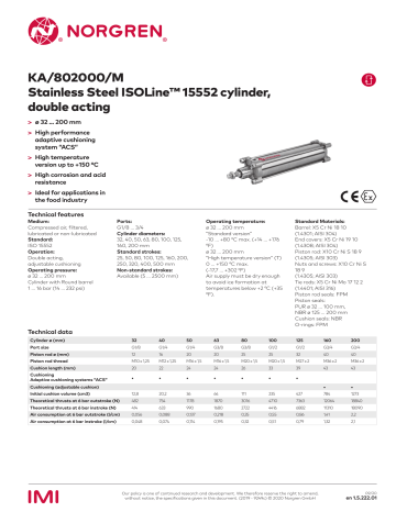 Norgren KA/802063/M/320 ISOLine™ tie-rod double acting stainless steel cylinder Datasheet | Manualzz