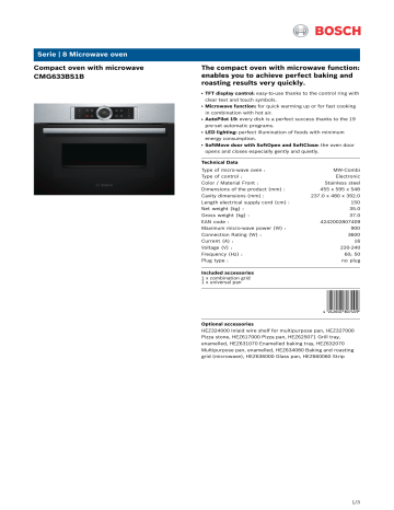 Bosch CMG633BS1B 45cm Serie 8 Compact Oven Specification | Manualzz