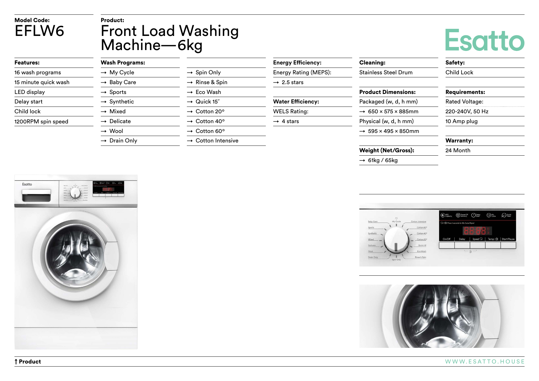 esatto eflw9 9kg front load washing machine