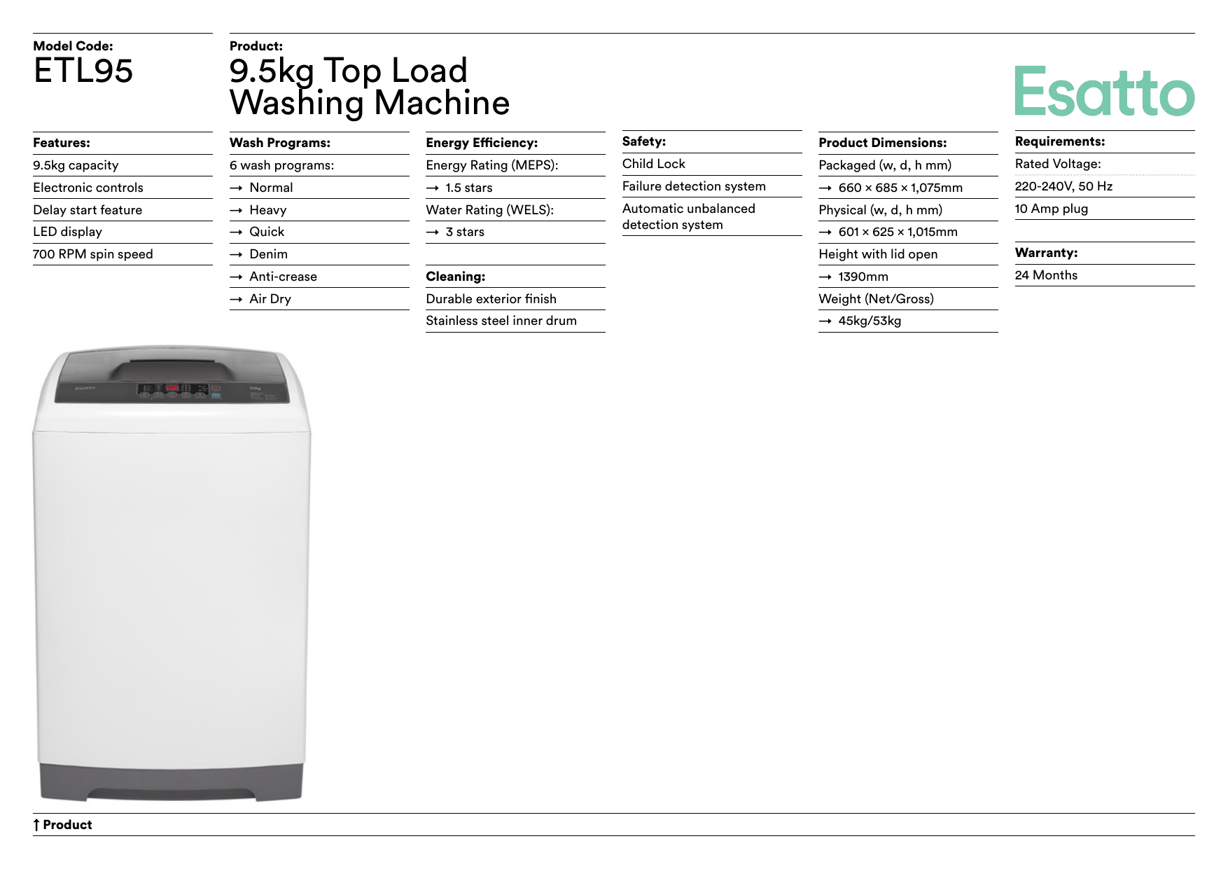 esatto 9.5 kg washing machine