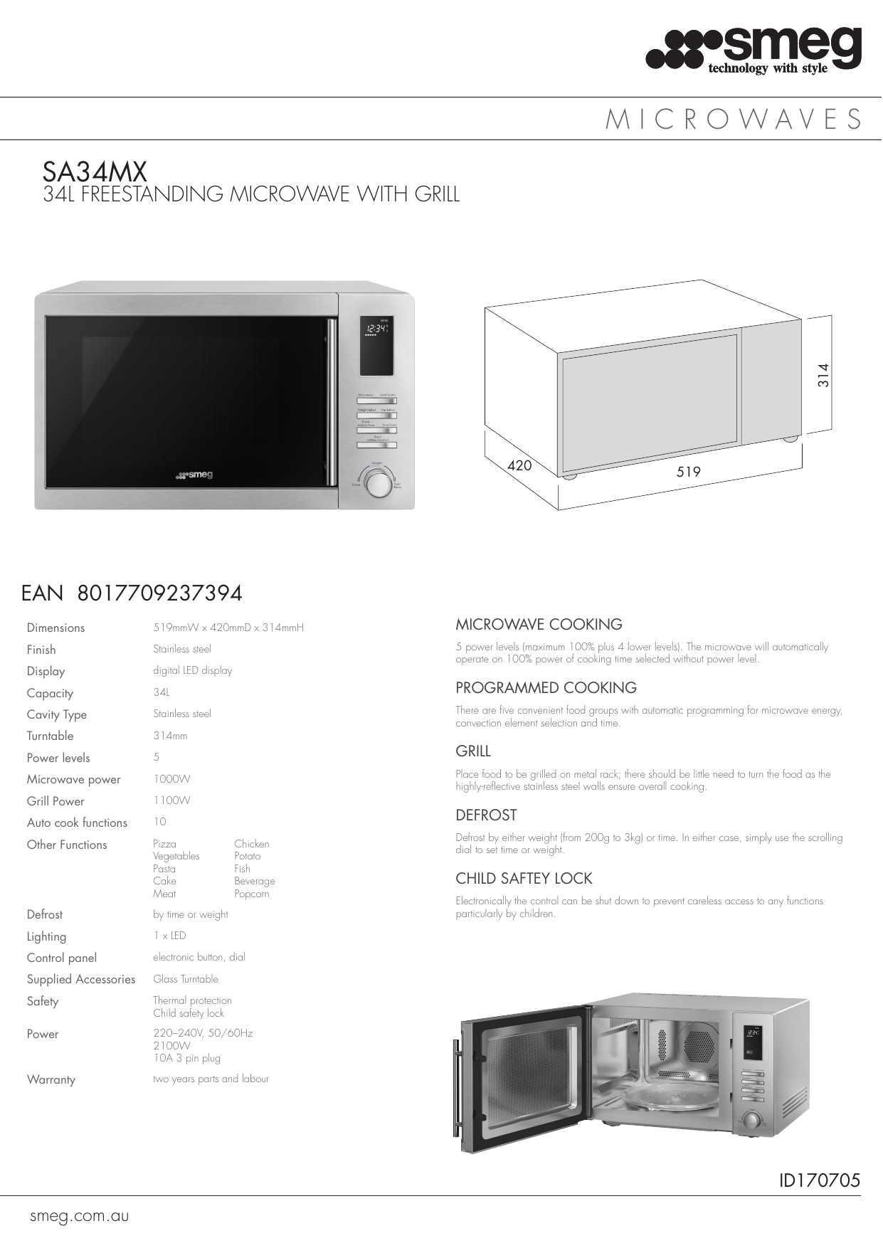 smeg sa34mx 34l 1000w microwave oven with grill