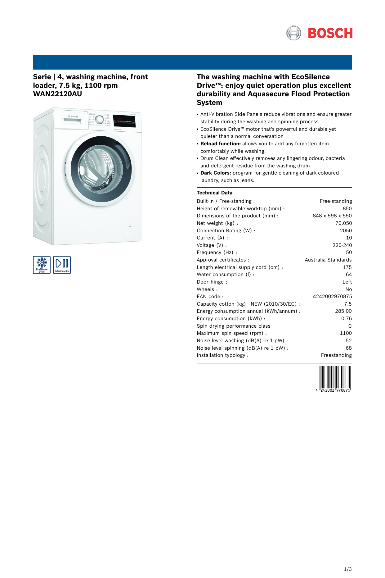 bosch wan22120au 7.5 kg