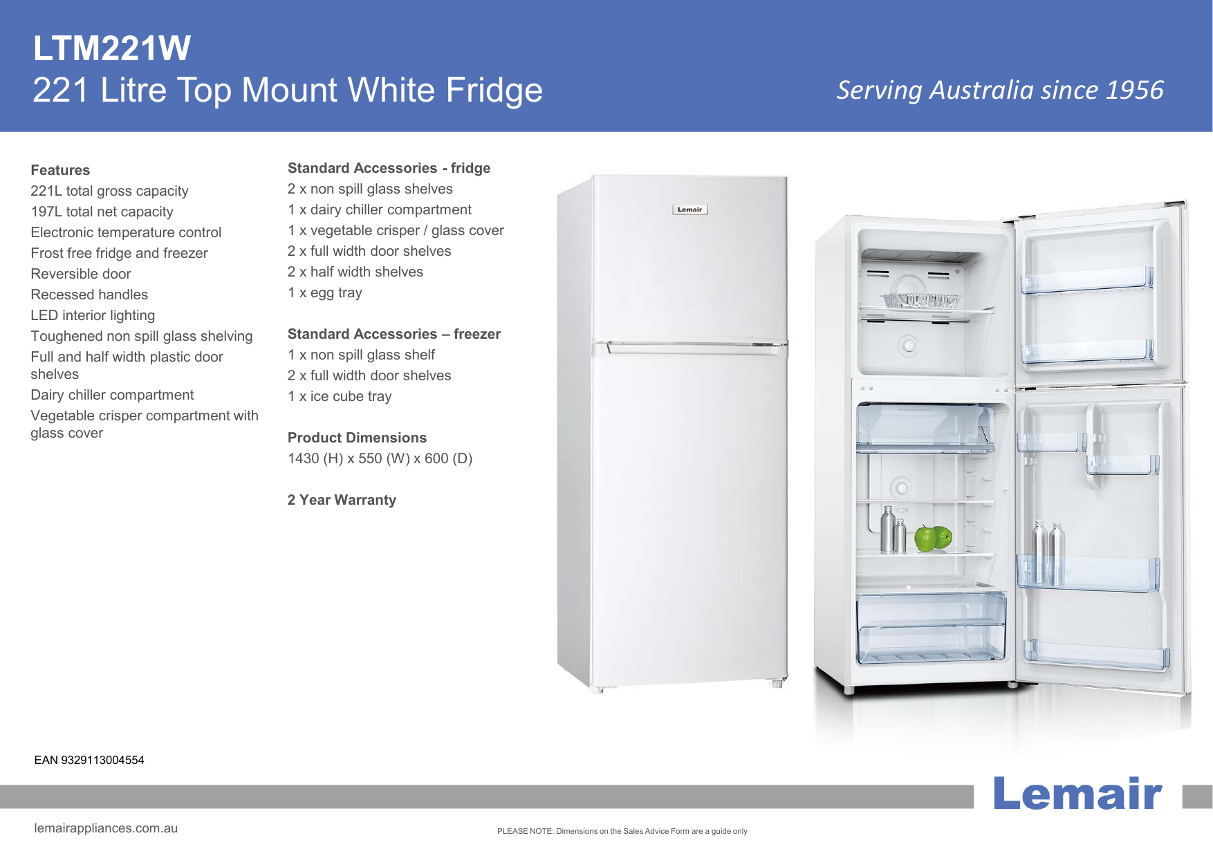 lemair 268l top mount fridge
