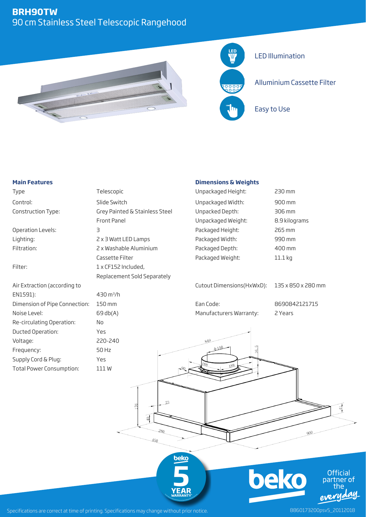 beko brh60tw 60cm slideout rangehood