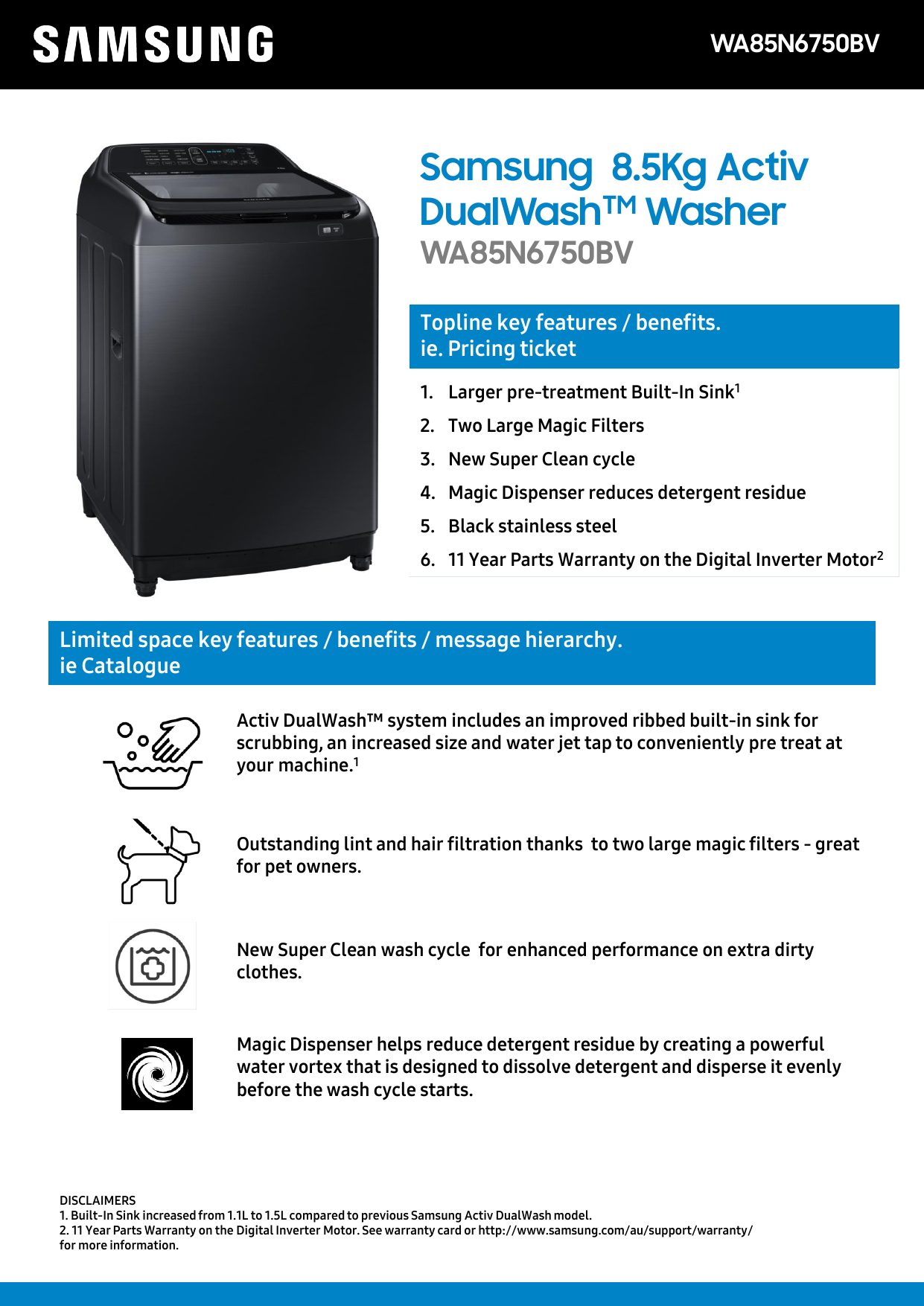 8.5 kg activ dualwash ™ top load washer wa85n6750bv