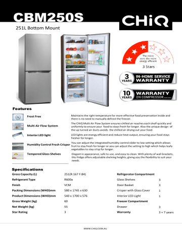 chiq 251l bottom mount fridge cbm250s