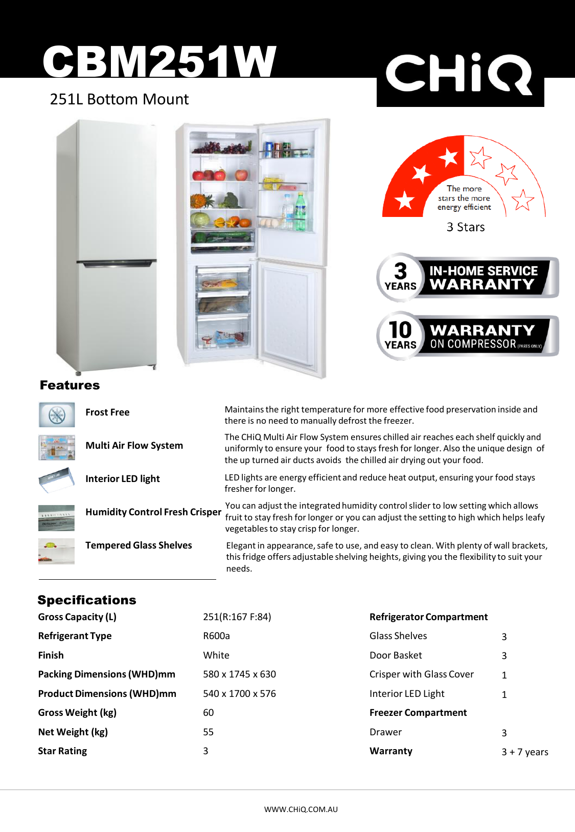 chiq 251l bottom mount fridge