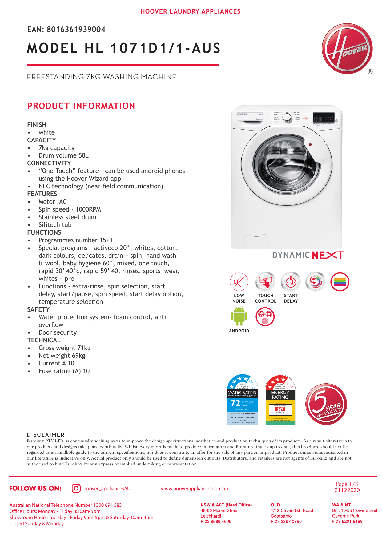 hoover 7.5 kg front load washing machine dxoa175ah1 aus