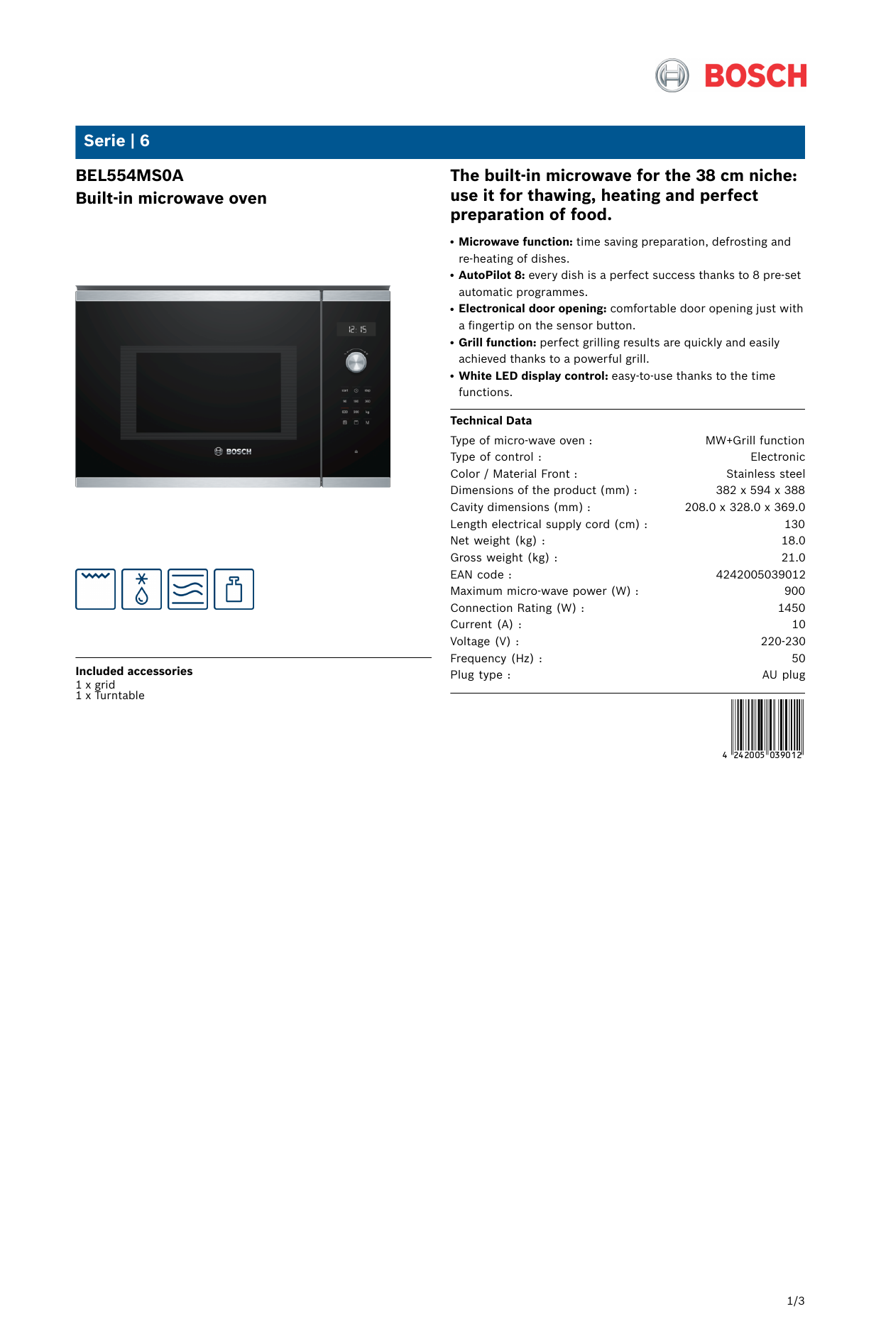 bosch bel554ms0a 25l serie 6 built in microwave oven 900w