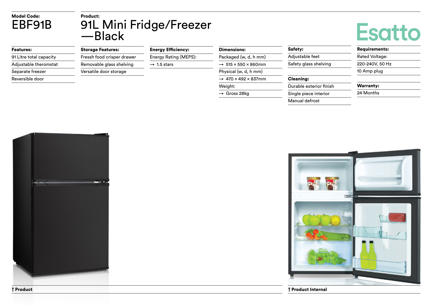 esatto 91l mini top mount fridge ebf91b