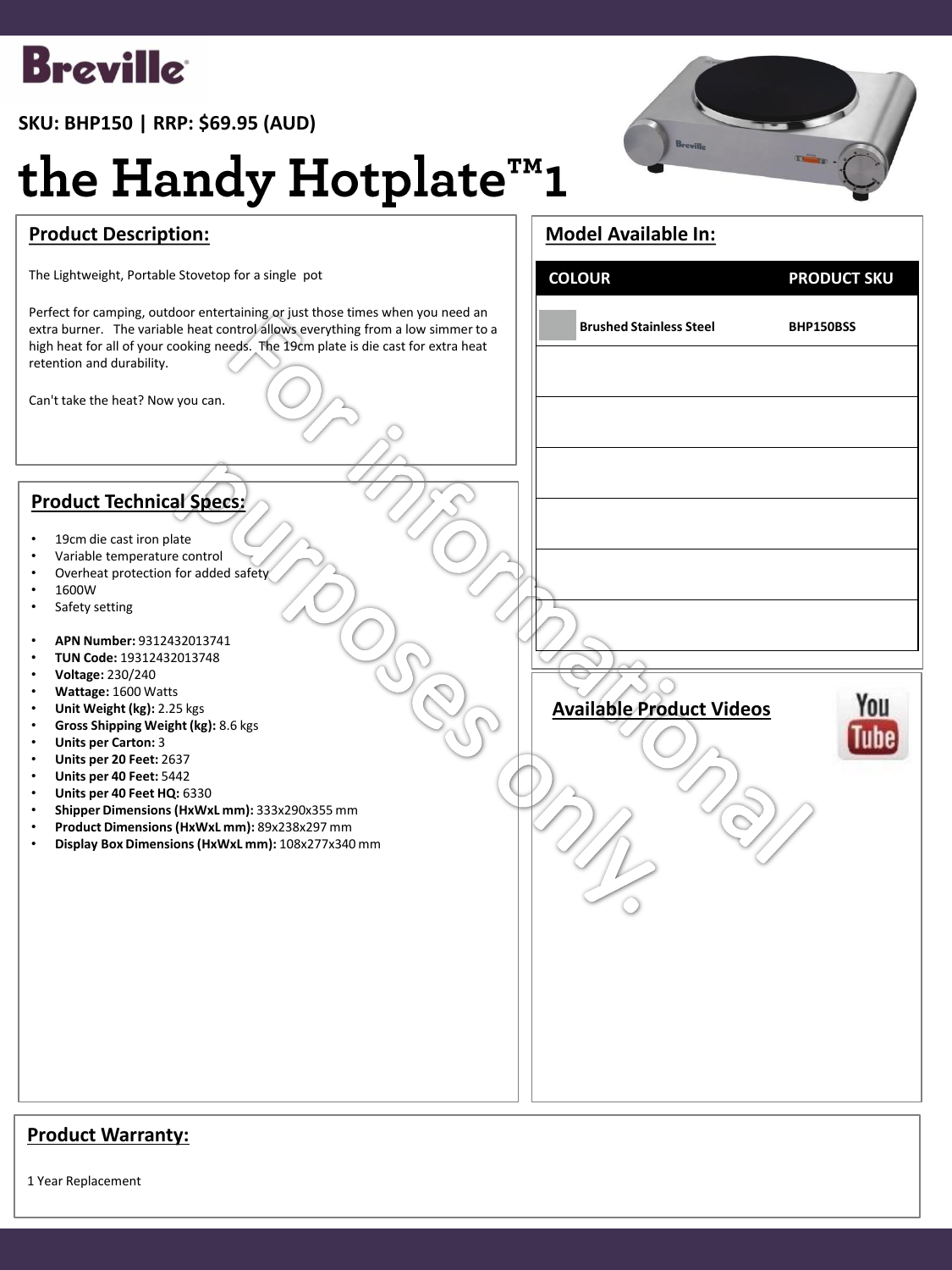 Breville BHP150 the Handy Hotplate 1 