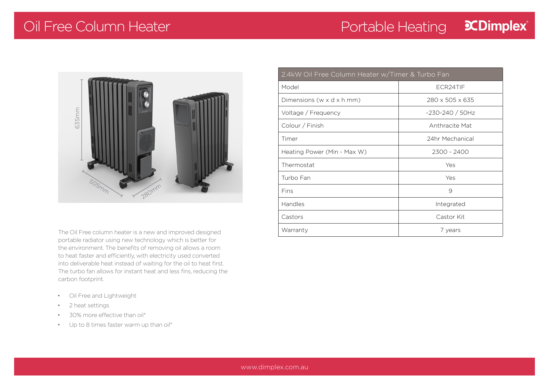 Dimplex ECR24TIF 2.4kW Oil Free Column Heater Specification | Manualzz