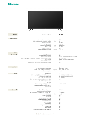 Hisense 70S5 70 Inch S5 4K UHD Smart LED TV Specification | Manualzz