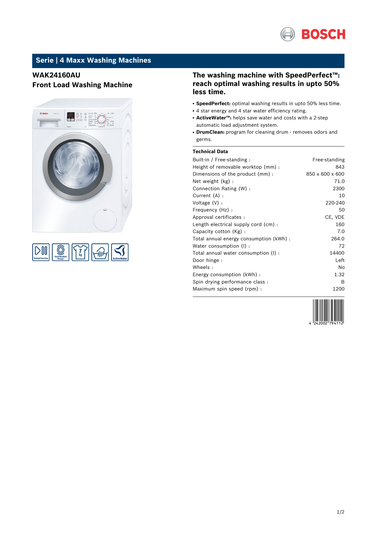 Bosch Wan24121au 8kg Front Loader edu.svet.gob.gt