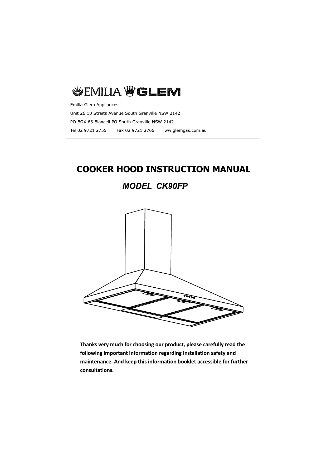 glem ck90fp canopy rangehood