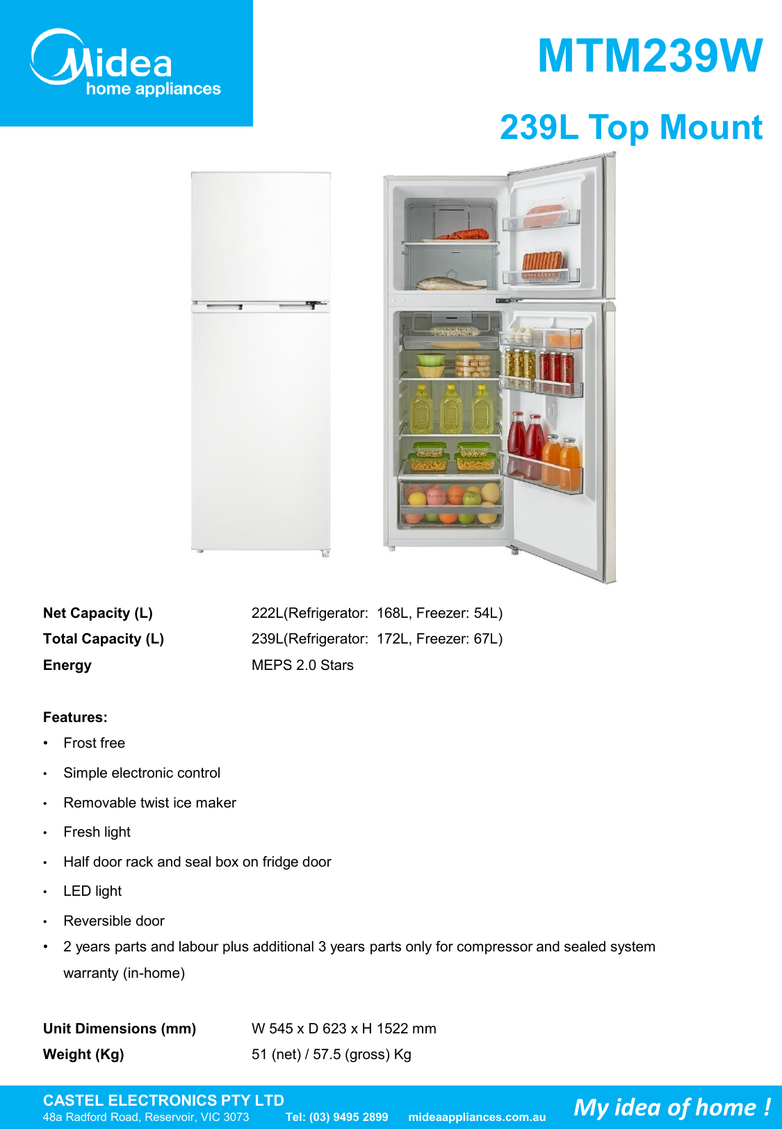 esatto 239l top mount fridge etm239x